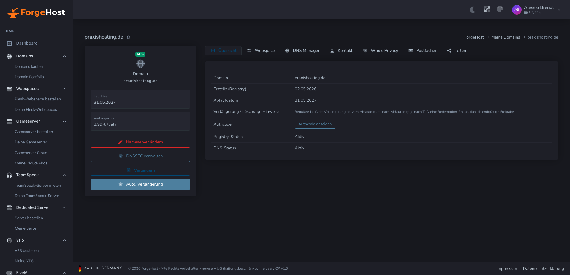 Domain Übersicht im ForgeHost Control Panel