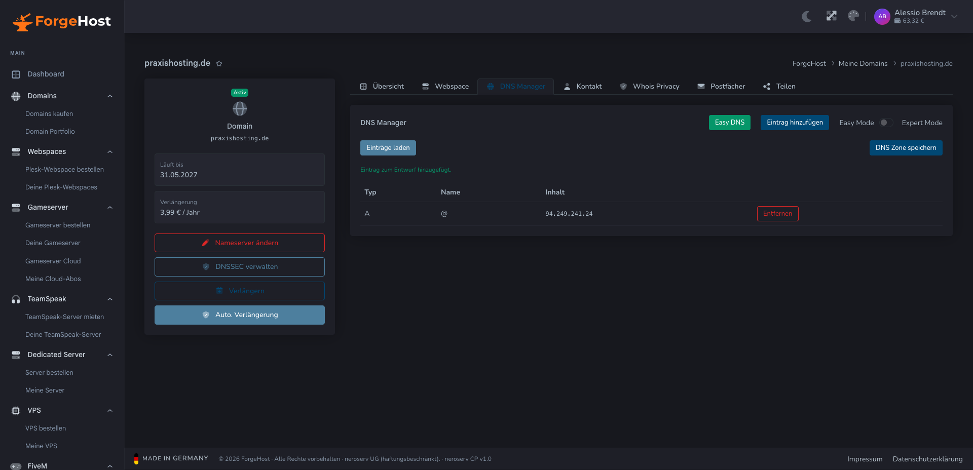 DNS Manager im ForgeHost Control Panel