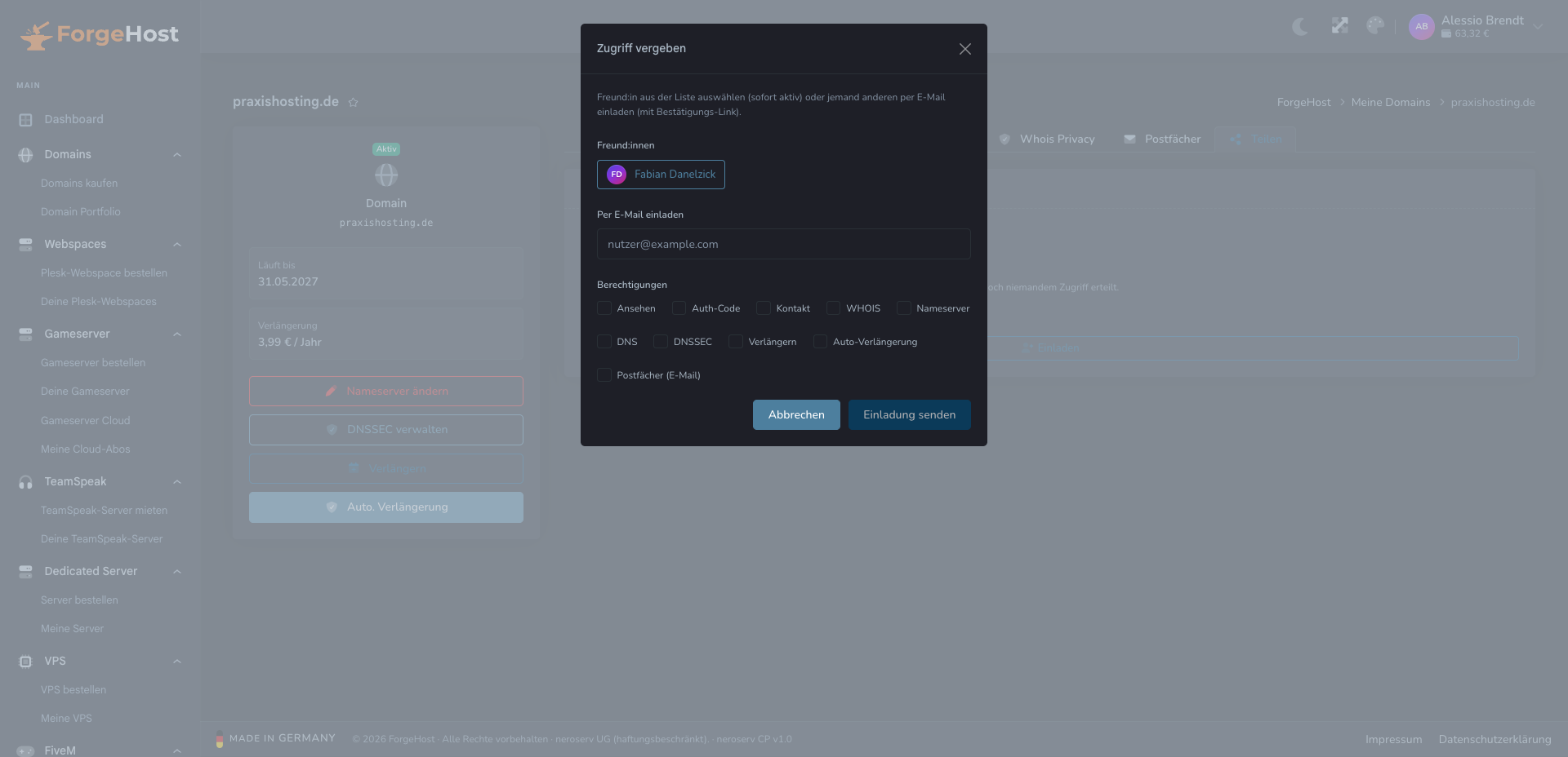 Zugriff für Domains teilen im ForgeHost Control Panel