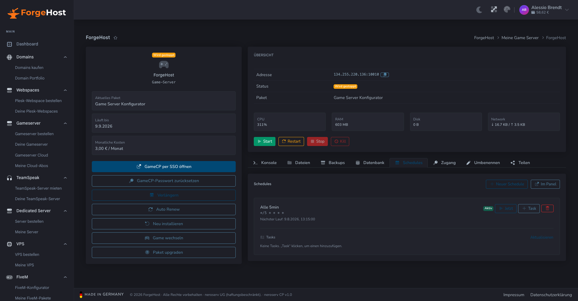 Geplante Aufgaben im ForgeHost Control Panel