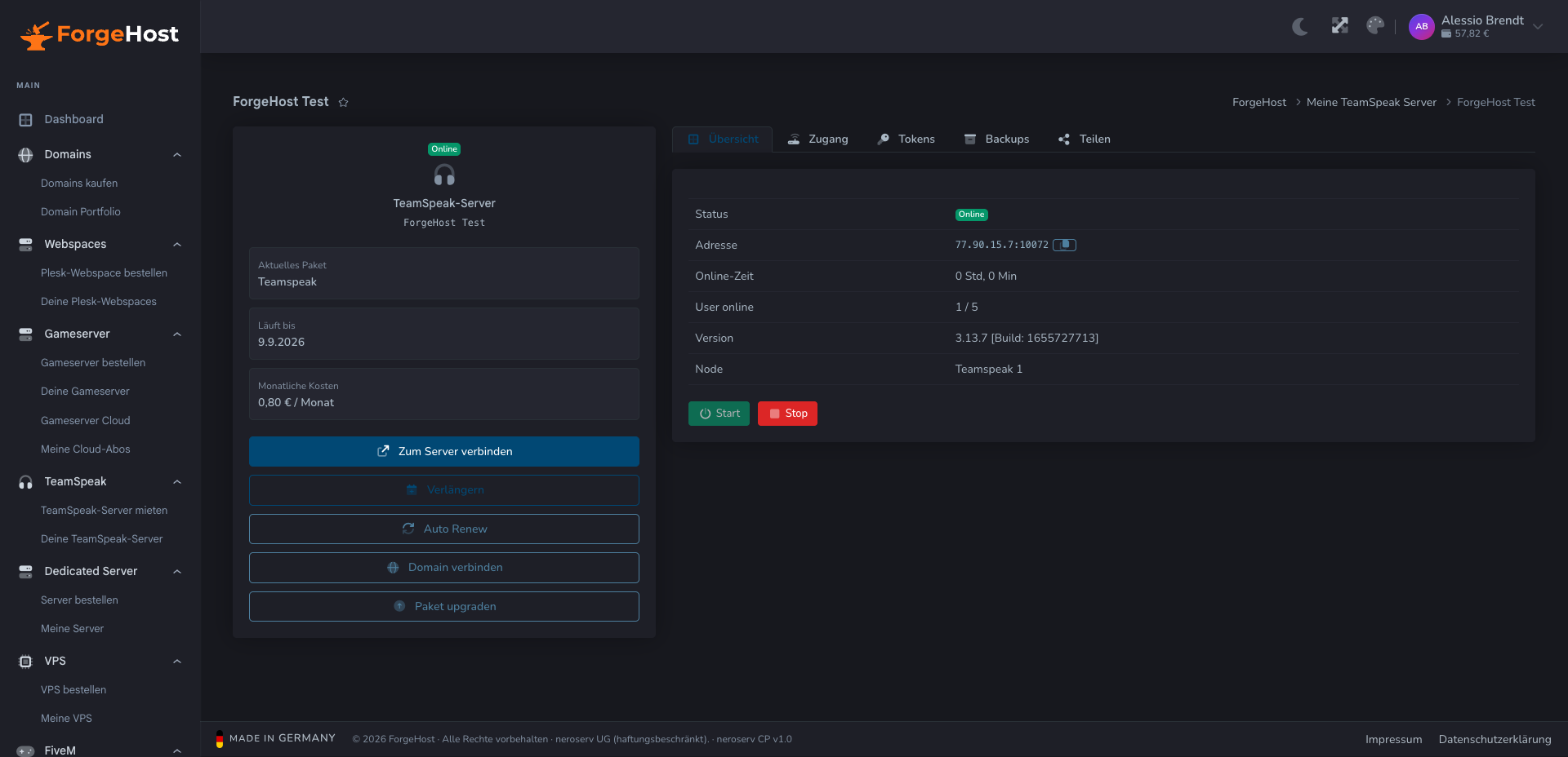 TeamSpeak-Server Übersicht im ForgeHost Control Panel