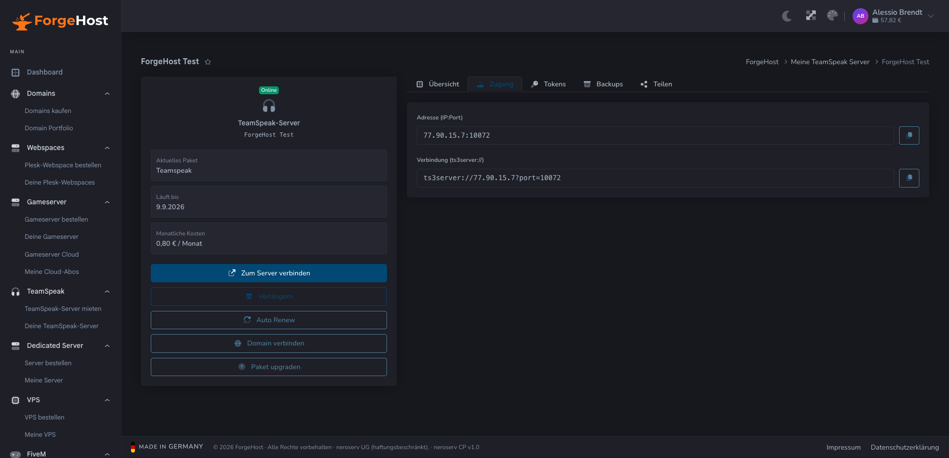 TeamSpeak-Zugang im ForgeHost Control Panel