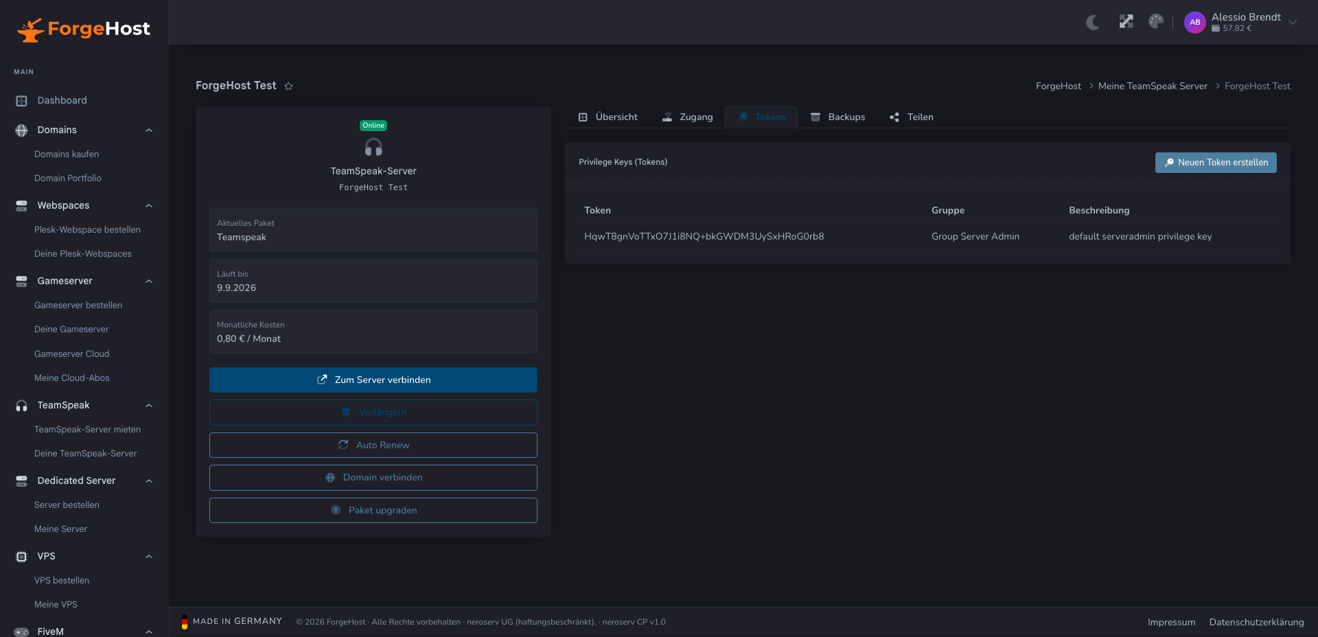 TeamSpeak Privilege-Tokens im ForgeHost Control Panel