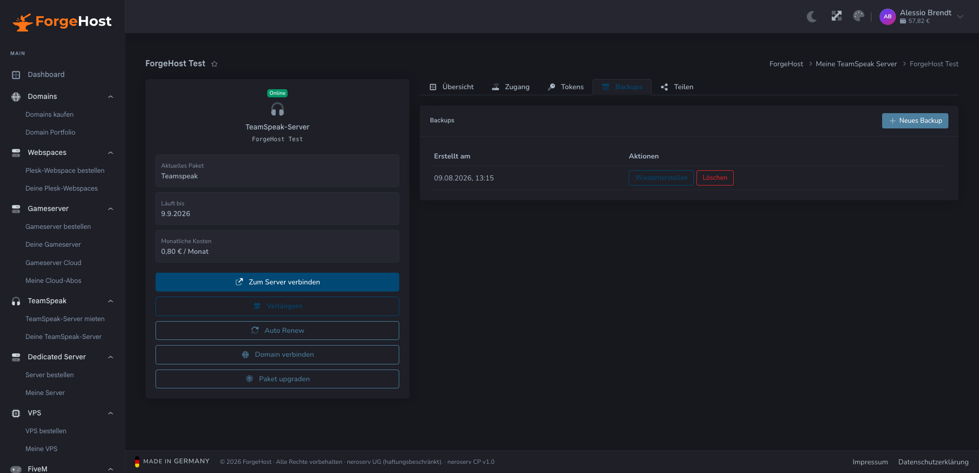 TeamSpeak-Backups im ForgeHost Control Panel
