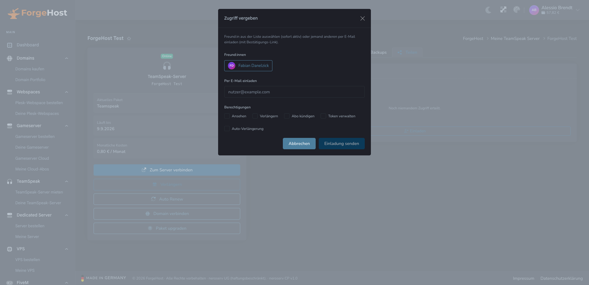 Zugriff für TeamSpeak teilen im ForgeHost Control Panel