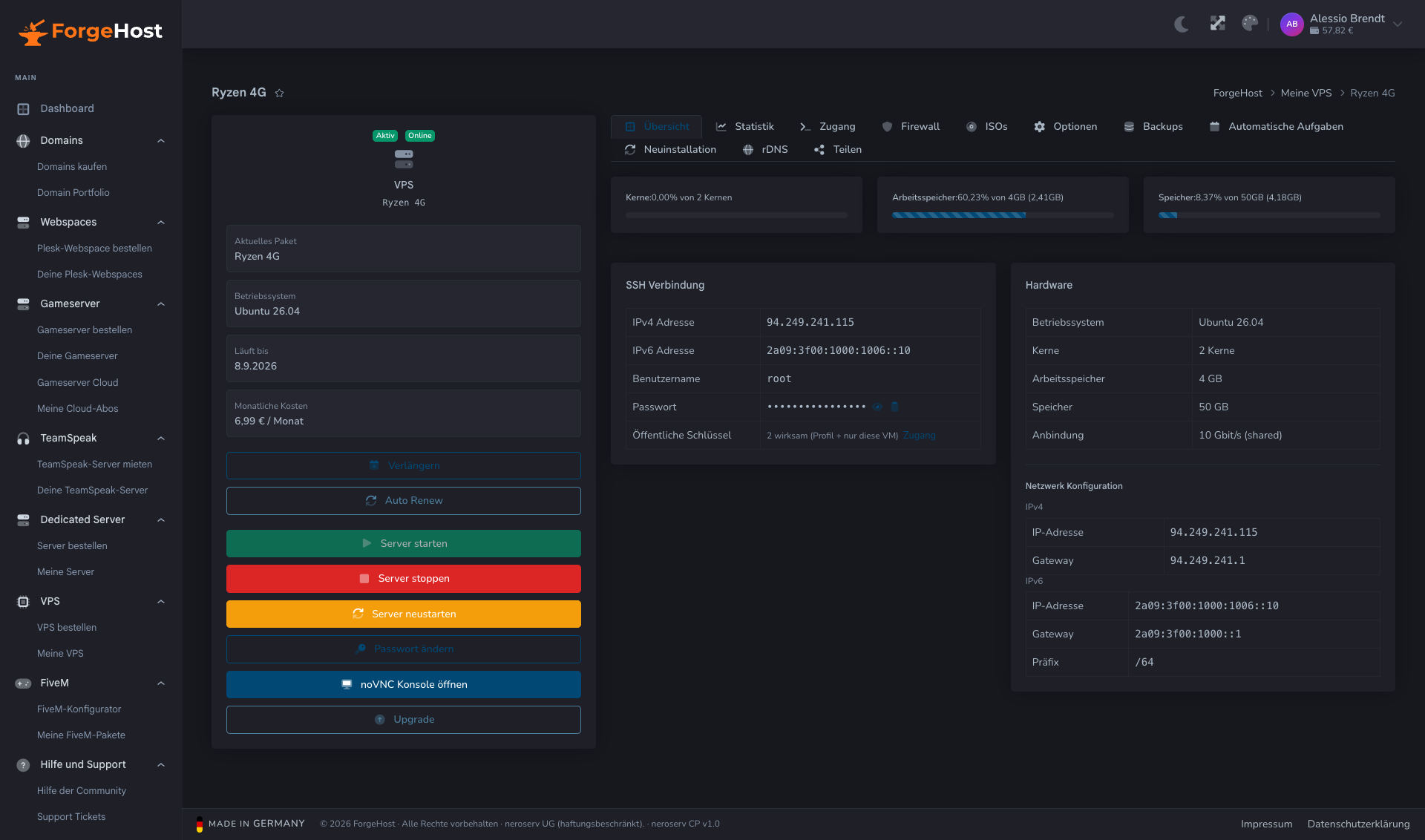 VPS Übersicht im ForgeHost Control Panel