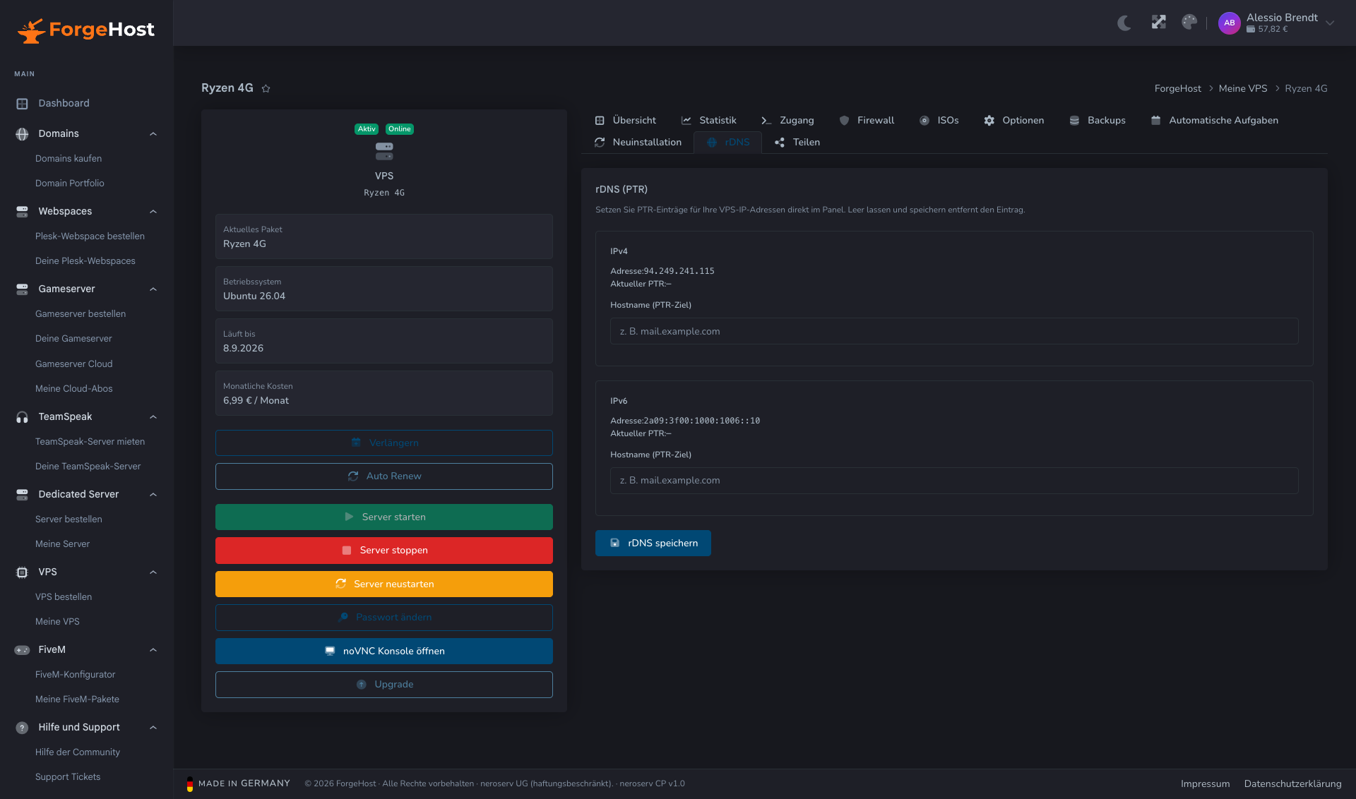 rDNS-Verwaltung im ForgeHost Control Panel