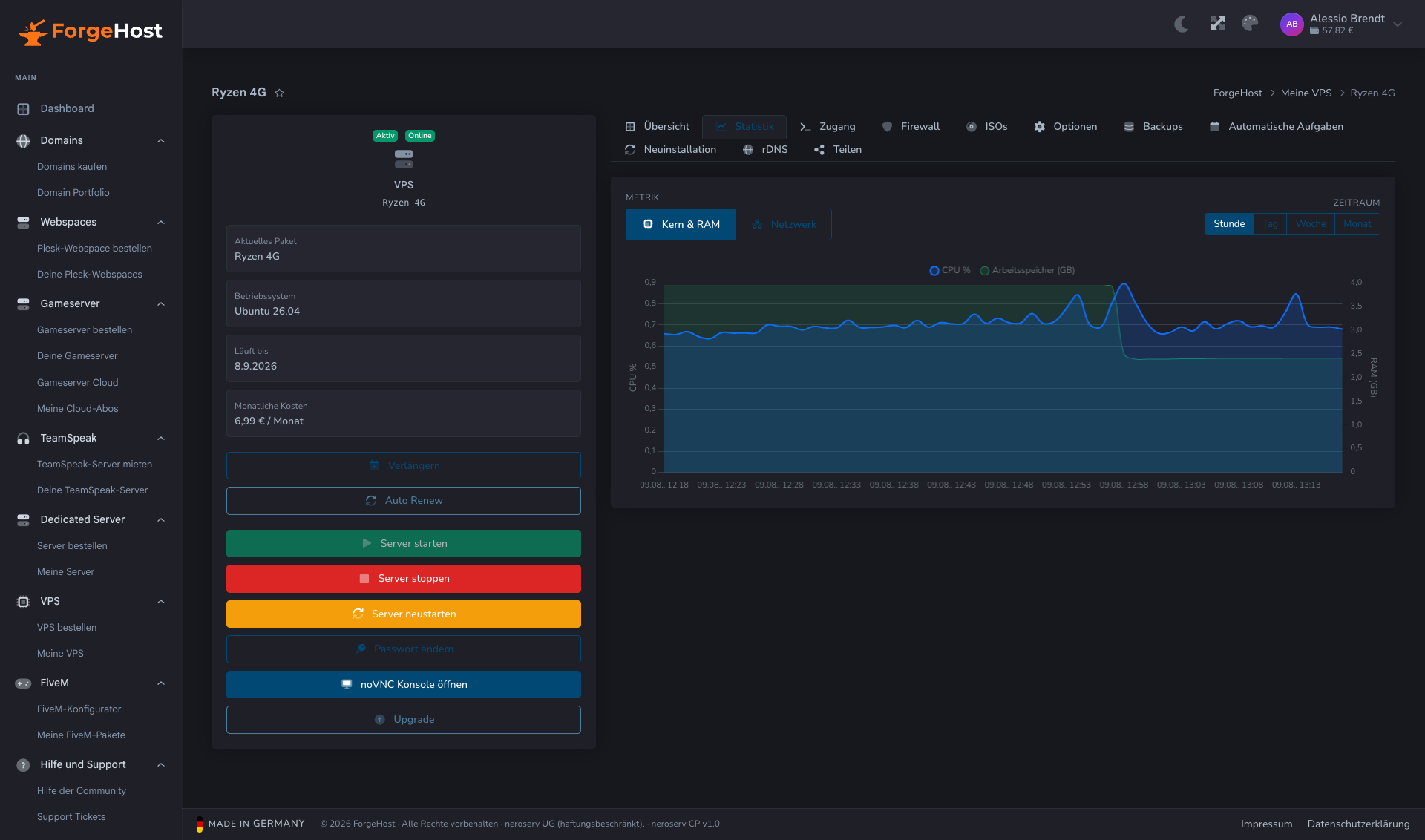 VPS Auslastungsstatistik im ForgeHost Control Panel