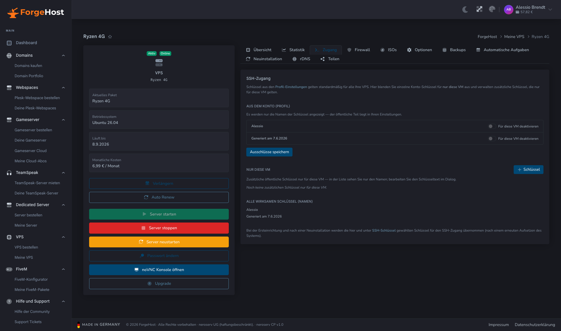 SSH-Zugang im ForgeHost Control Panel