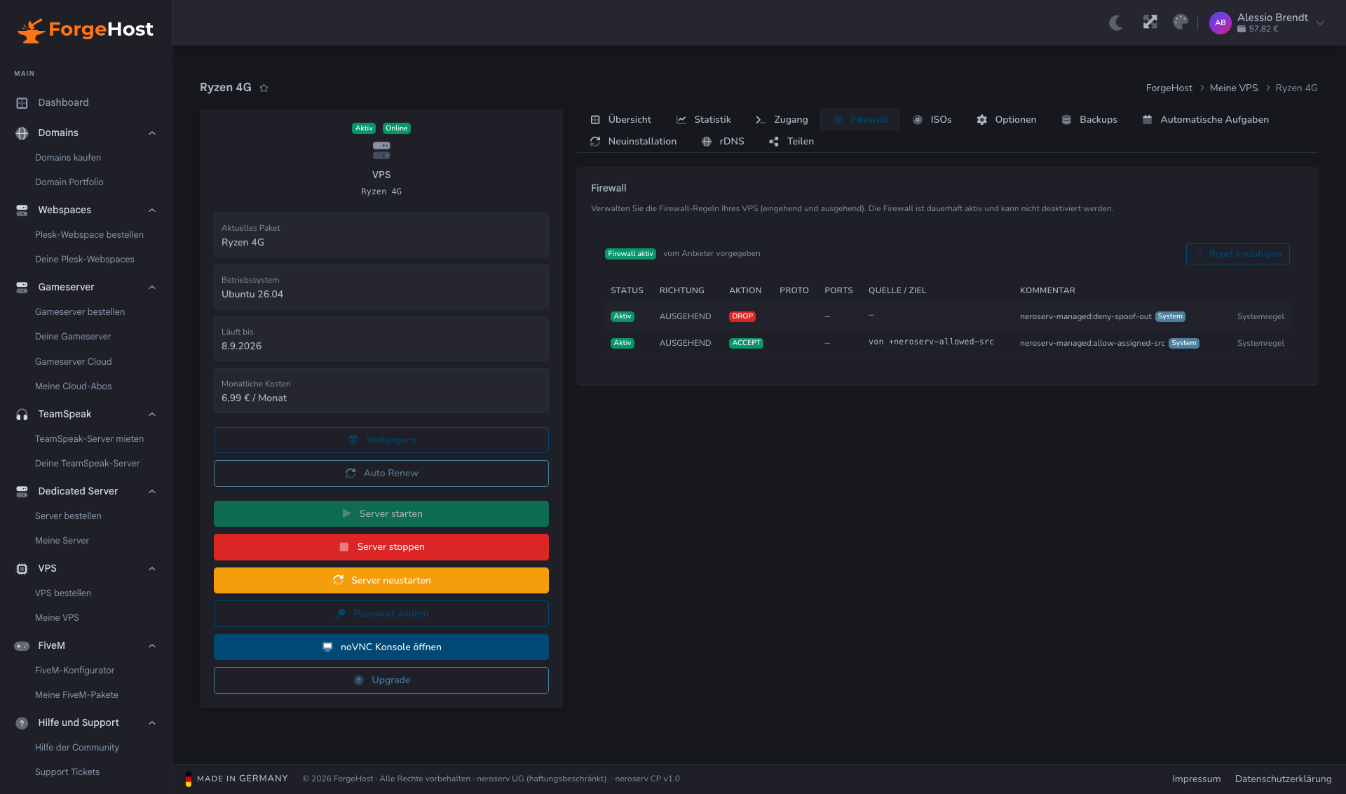 Firewall-Einstellungen im ForgeHost Control Panel