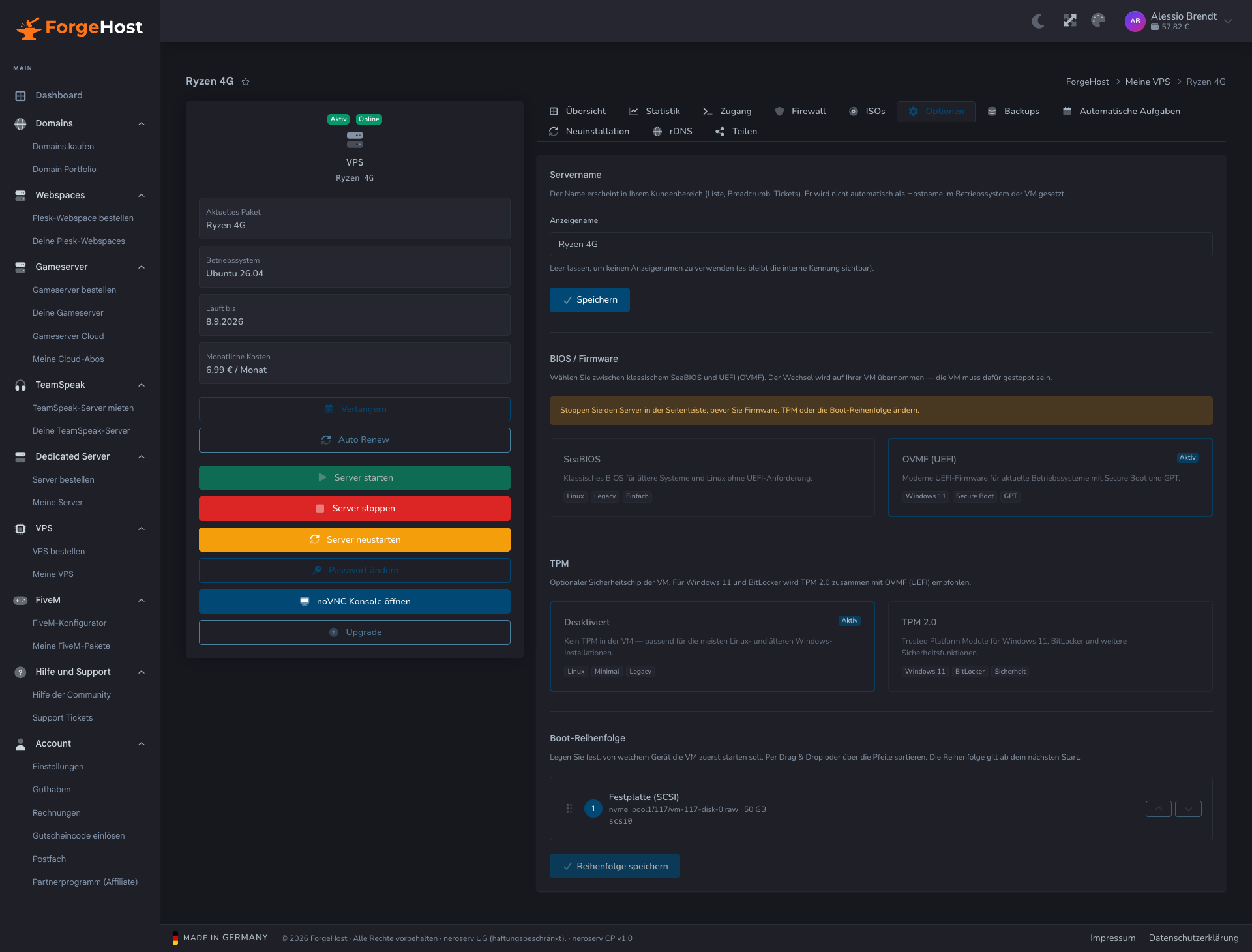 VPS-Optionen im ForgeHost Control Panel