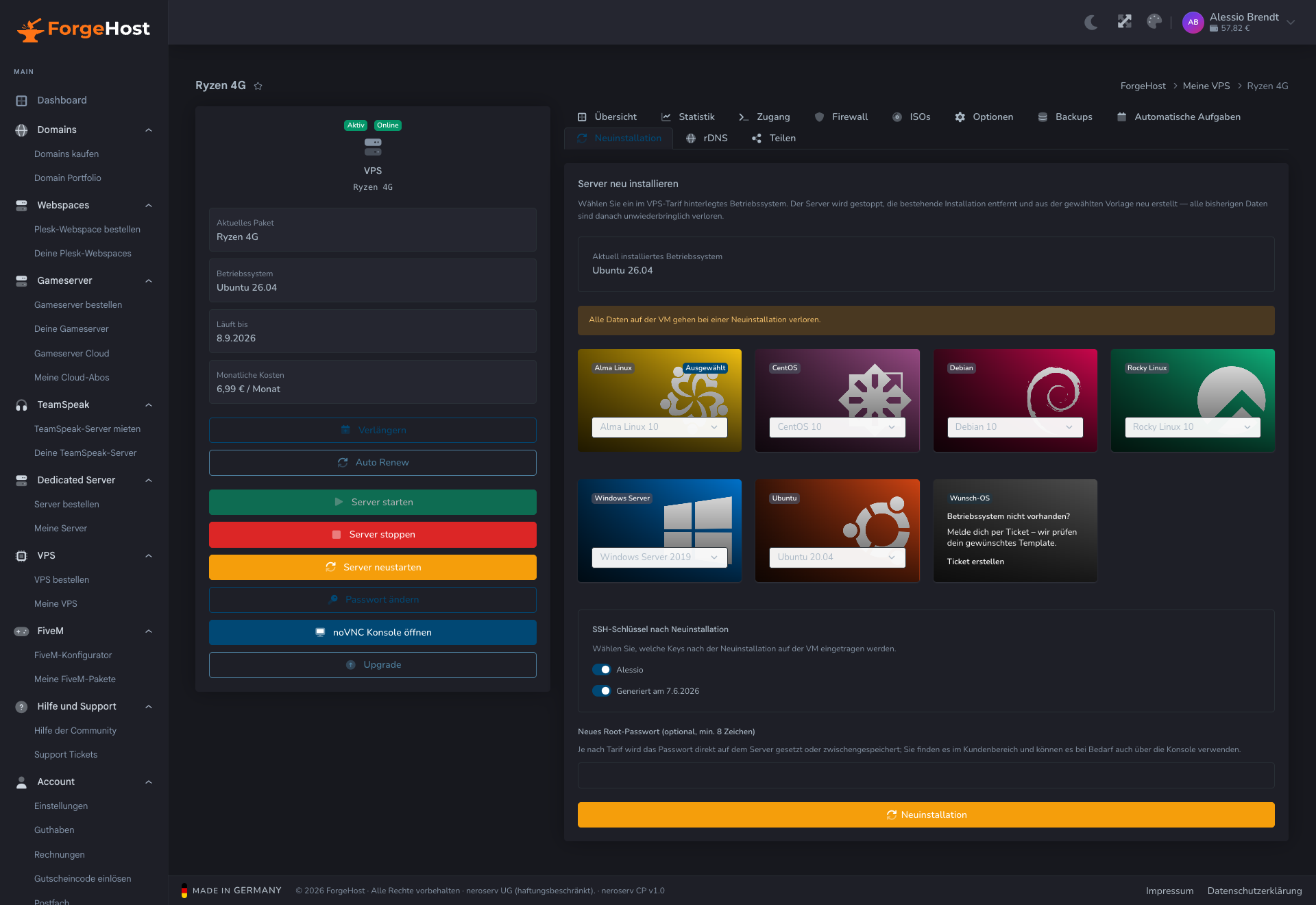 Neuinstallation im ForgeHost Control Panel