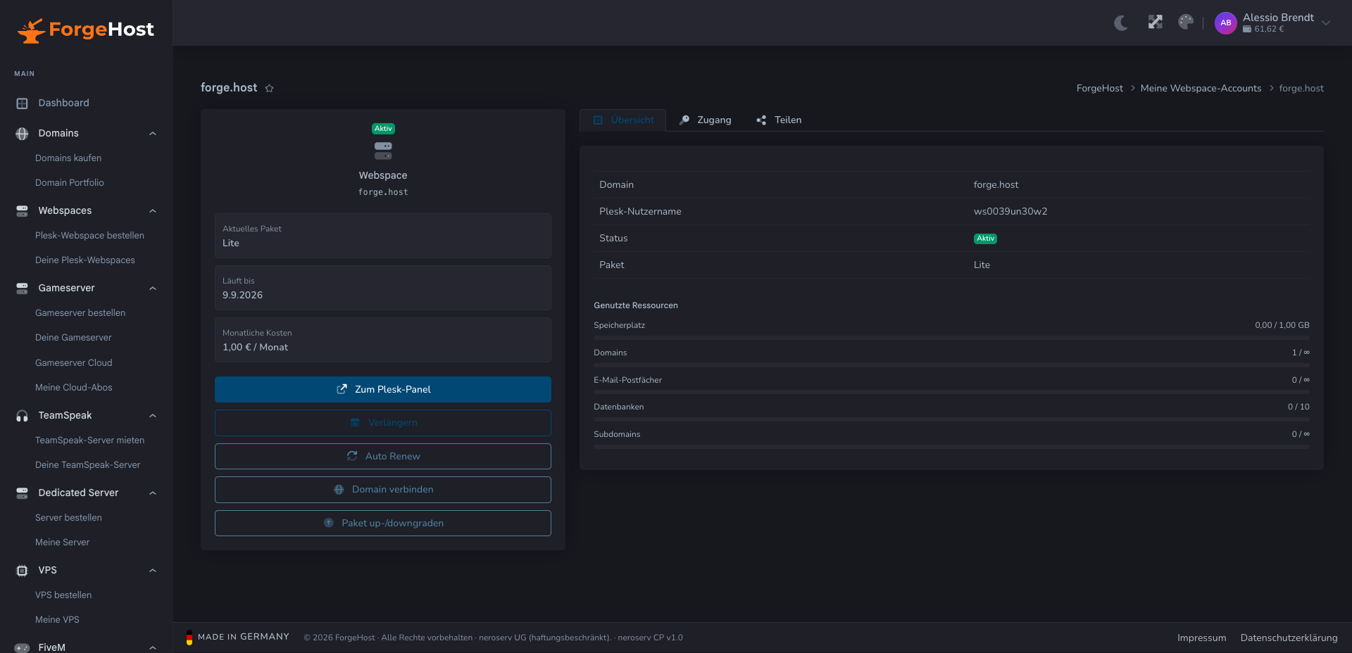 Webspace Übersicht im ForgeHost Control Panel