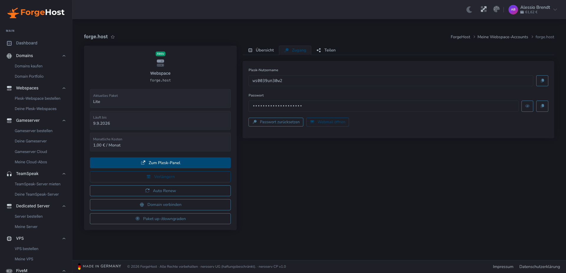 Plesk-Zugangsdaten im ForgeHost Control Panel