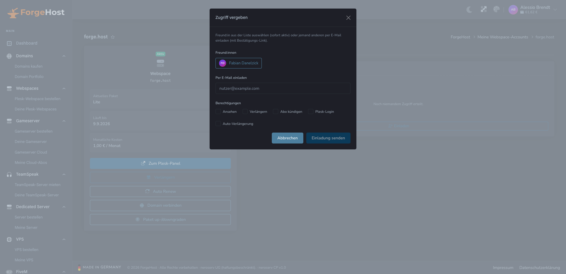 Zugriff für Webspace teilen im ForgeHost Control Panel
