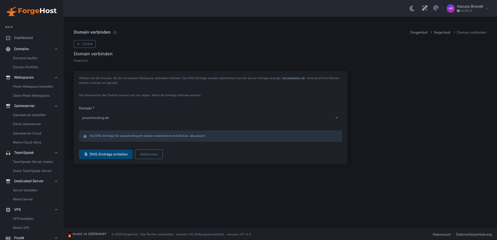 Domain mit Webspace verbinden im ForgeHost Control Panel